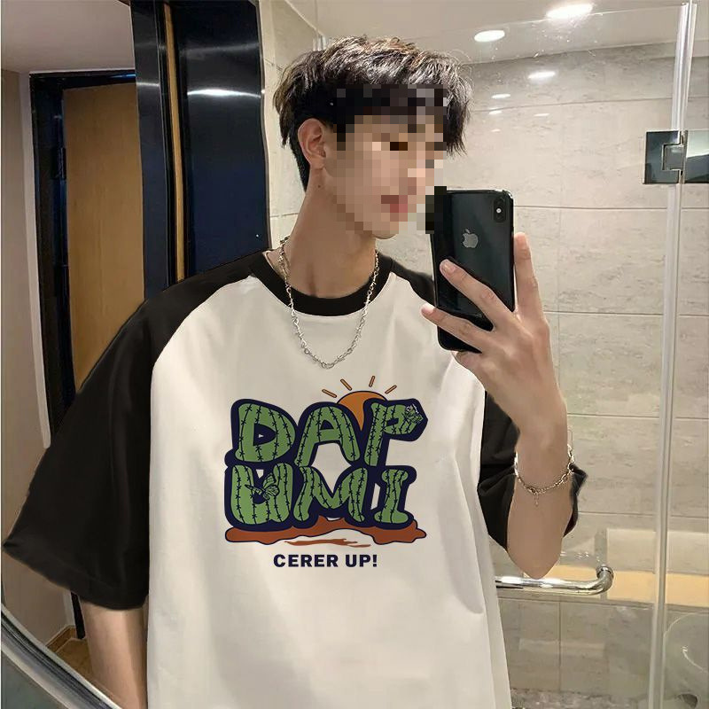 American Retro Short-Sleeved T-Shirt Men's Summer Contrasting Raglan Sleeve T-Shirt Loose Youth Trendyy Half-Sleeve
