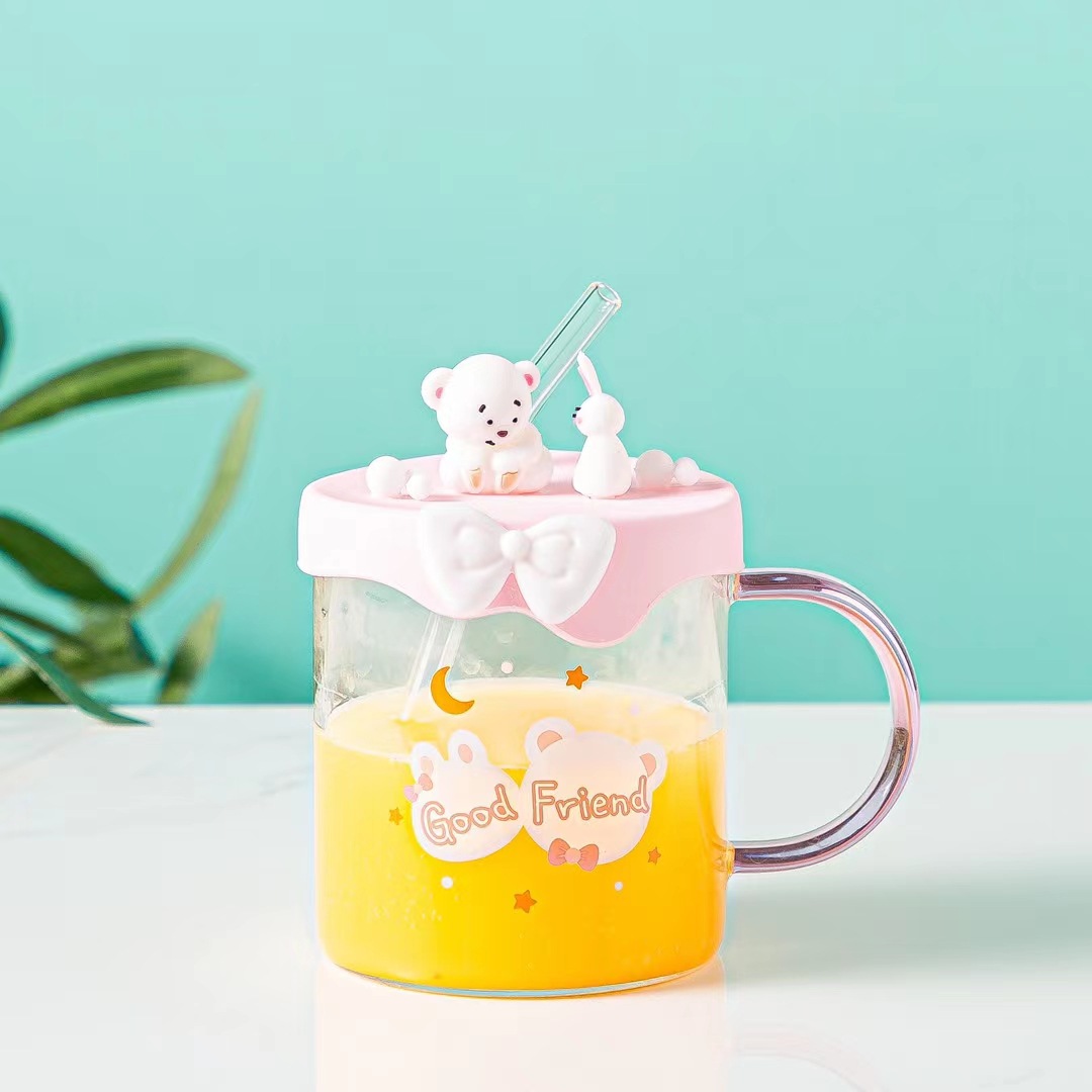 Animal lindo de la historieta vidrio transparente con tapa silicona personalizada taza paja Rosa chica corazón regalo