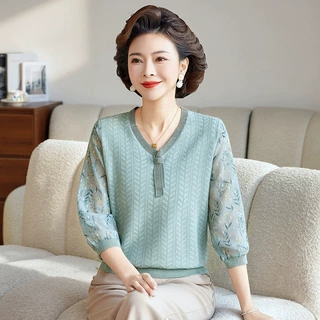 2026洋气50岁中年轻女士春秋薄款小衫新款气质妈妈春夏纱袖上衣服