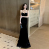 Night temperament， strapless， floor length women's dress， chest wrapped， evening dress， fishtail