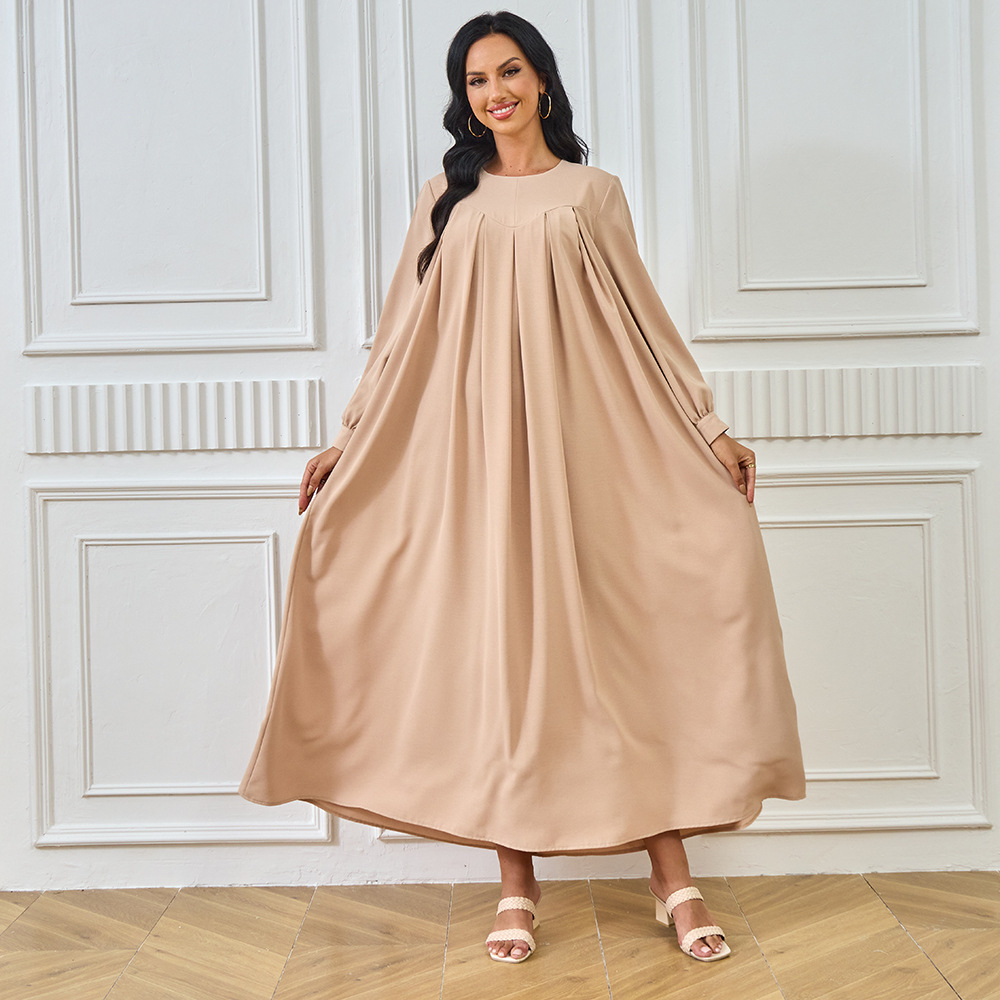 New Abaya Arab Cross-border Middle Eastern Muslim Robe Long-sleeved Solid Color Large Hem Dress Long Skirt Women's_ecoleips.com