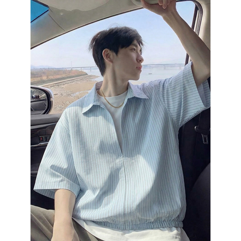 Fake Two-Piece V-Neck Vertical Striped Shirt for Men, Summer Elastic Hem Sleeve Shirt, Trendy Design, Popular on Tiktok, Trendy Brand Men's T-Shirt