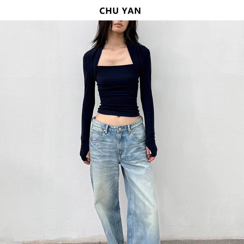 High-Quality Tencel Fake Two-Piece Sleeve Knitwear T-Shirt Women's Waistcoat Collar Slim Long-Sleeved Bottoming Shirt Black/Coffee Color