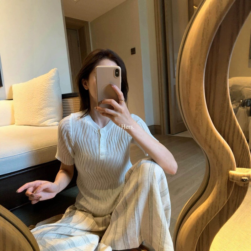Hers Sweet Summer Fashionable Ribbed Versatile Slim Fit Half-Button Henley Collar Short Sleeve Knit Top for Women 08194