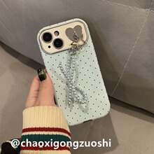 浅蓝色波点蝴蝶结挂饰适用iPhone15promax苹果14手机壳13皮质12女