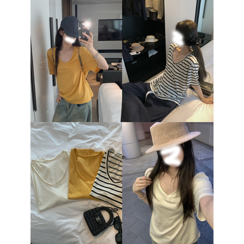 Comfortable Old Money Style V-Neck Frayed Simple Solid Color Short Sleeve T-Shirt for Women Loose Fit Top # 4547J Comfortable Old Money Style V-Neck Frayed Simple Solid Color Short Sleeve T-Shirt for Women Loose Fit Top # 4547J