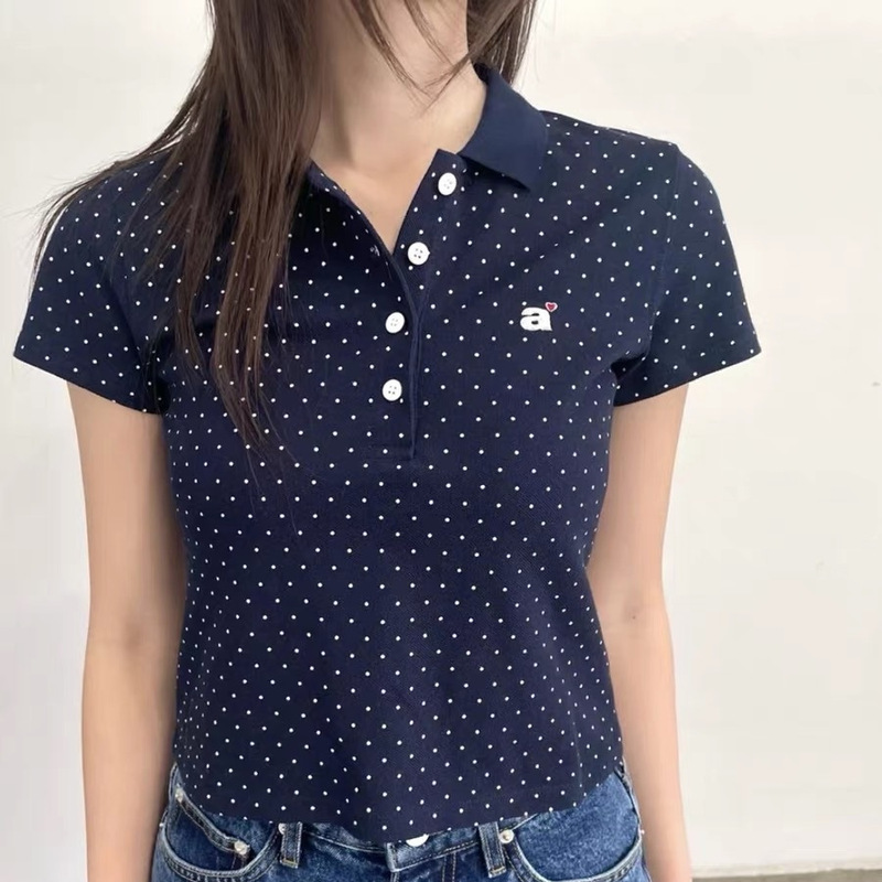 韓国の小衆aeae半袖シンプルなアルファベット刺繍愛poloシャツ襟をめくる波が痩せている学院風tシャツ|undefined