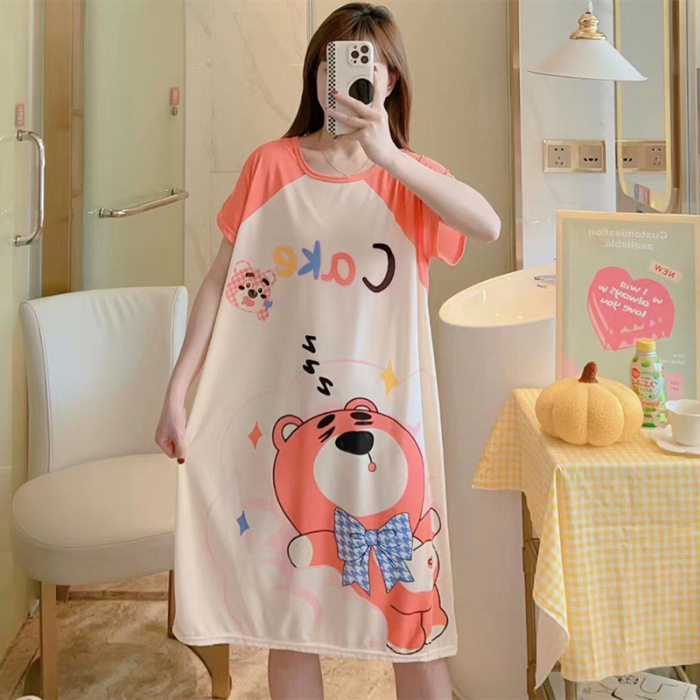 Camisón de las mujeres del verano Delgado manga corta nueva línea rojo estilo pijamas dibujos animados lindo señoras vestido flojo desgaste hogar
