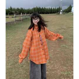 ZY722橙格衬衫女2026早秋季美式复古宽松休闲长袖衬衣外套