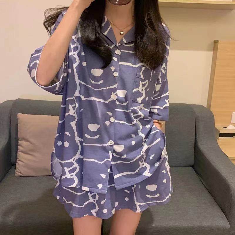 Pijamas de verano de manga corta para mujer, estilo coreano, novedad 2025, conjunto de dos piezas de cárdigan y ropa de estar con dibujos animados.