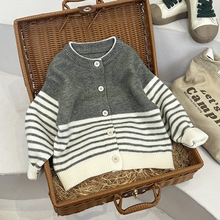 男女童条纹针织开衫毛衣秋冬外套宝宝韩版宽松圆领上衣潮儿童批发