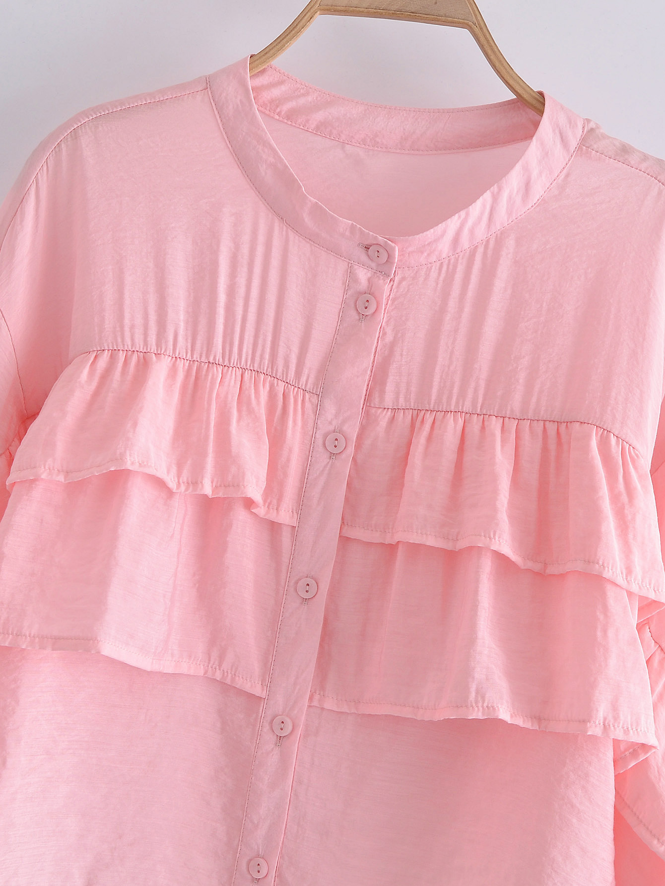 spring long-sleeved v-neck pink layered shirt NSXFL118375