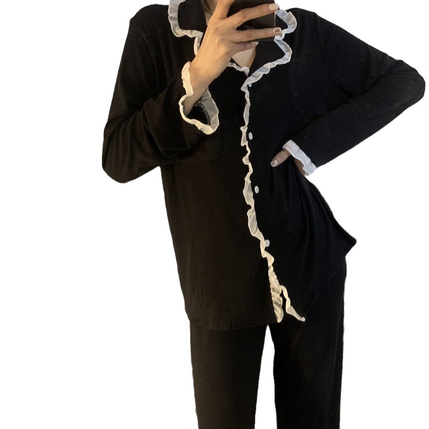 2025 新しいインターネットセレブレース長袖シンプルな黒の春と秋の長袖ズボンカーディガンパジャマ女性のルーズスーツ