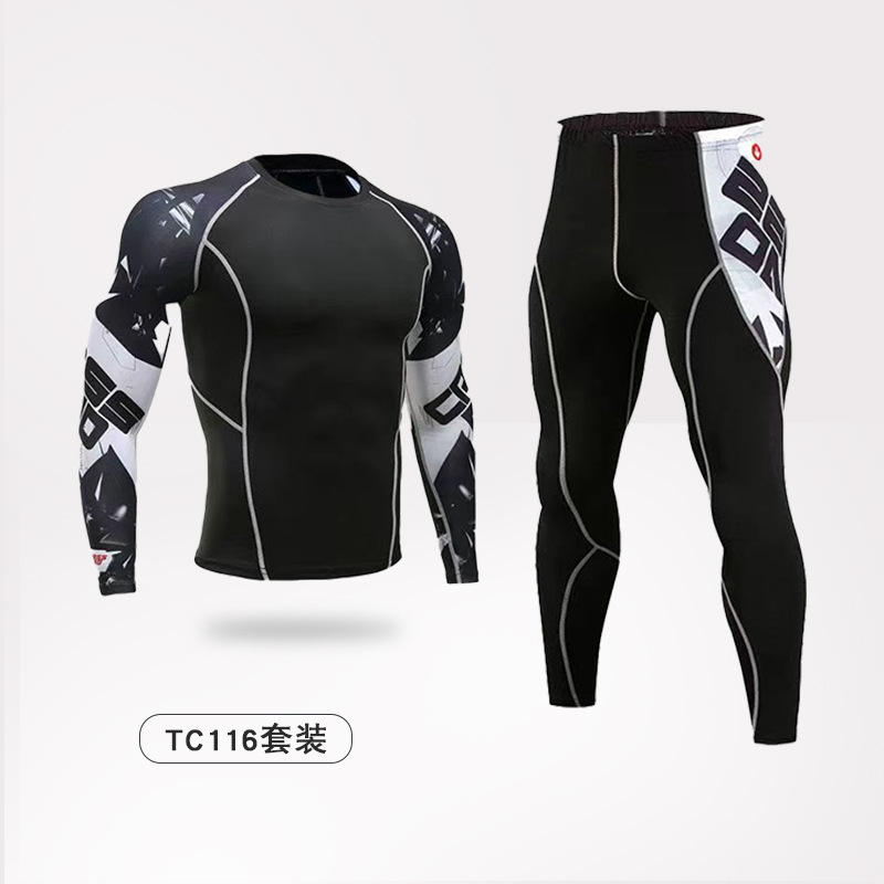 Logotipo personalizado fitness traje de ropa deportiva primavera y otoño para hombres transpirable cuello redondo elástico alto estampado manga larga ropa ajustada de secado rápido