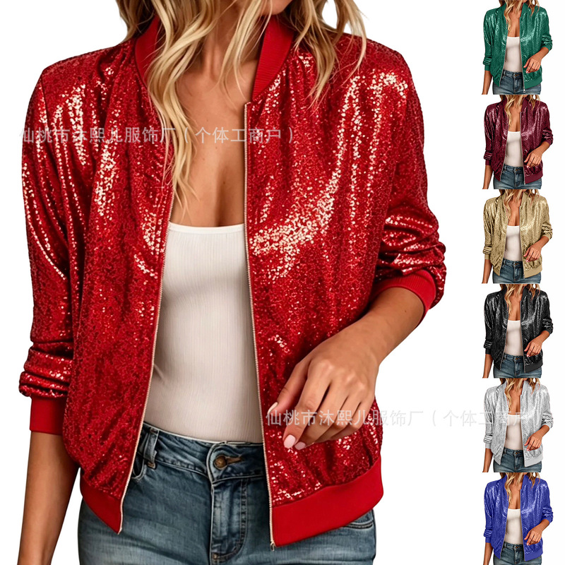 2026 European and American cross-border women's clothing Amazon sequined loose drop-shoulder baseball jacket coat