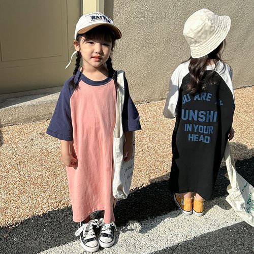 Girls dress Korean style pure cotton short-sleeved children's wear summer  new baby long letter T-shirt skirt