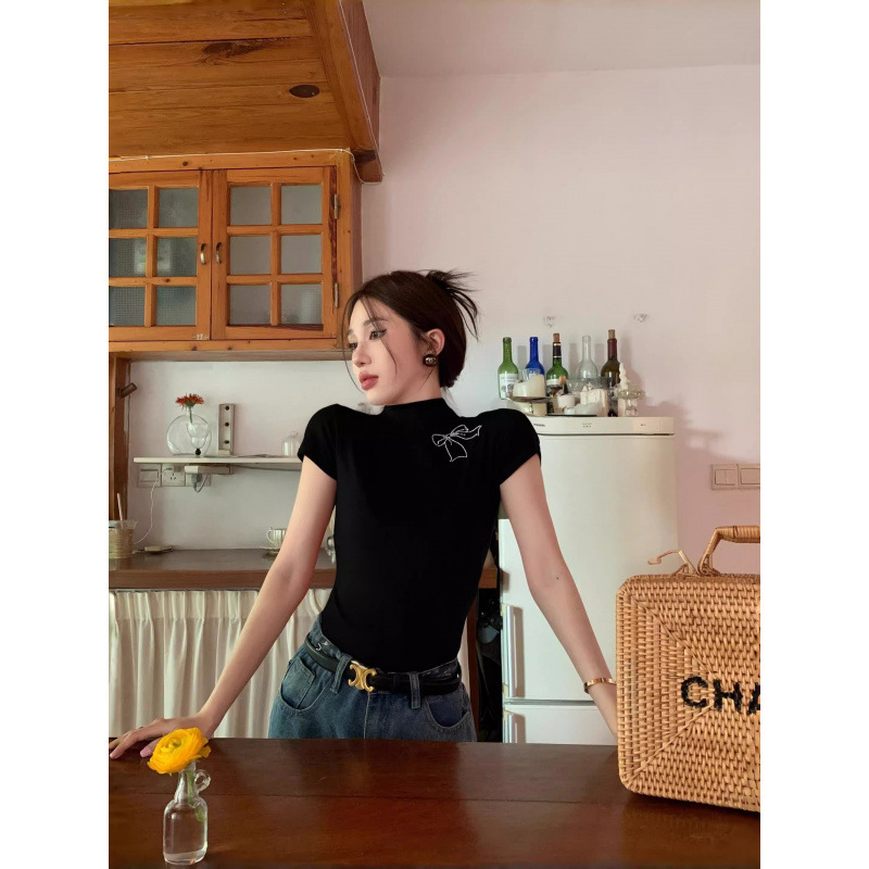 여름용 여성용 니치 디자인 핫걸 블랙 반팔 티셔츠, 리본과 핫 다이아몬드 슬림핏 바텀 셔츠, 이너탑