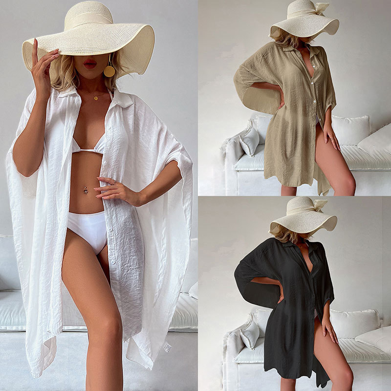 New Bamboo Cotton Shirt Style Loose Beach Cardigan Vacation Sun Protection Clothing Bikini Cover-Up Swimsuit with Cardigan