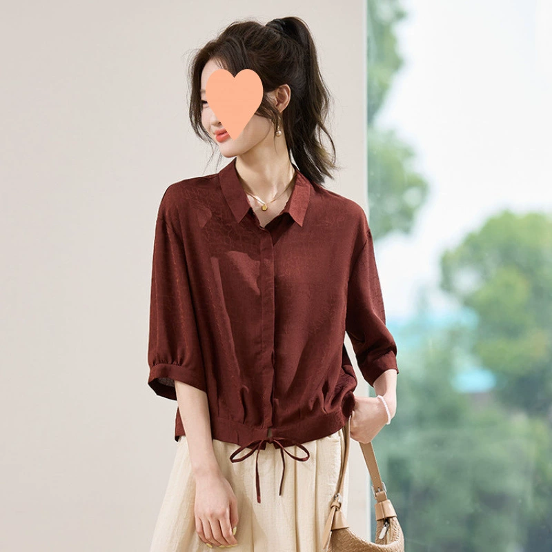 2025 новая летняя свободная модная рубашка для мам среднего возраста, стильная блузка со средним рукавом, тонкий короткий топ, тонкий.