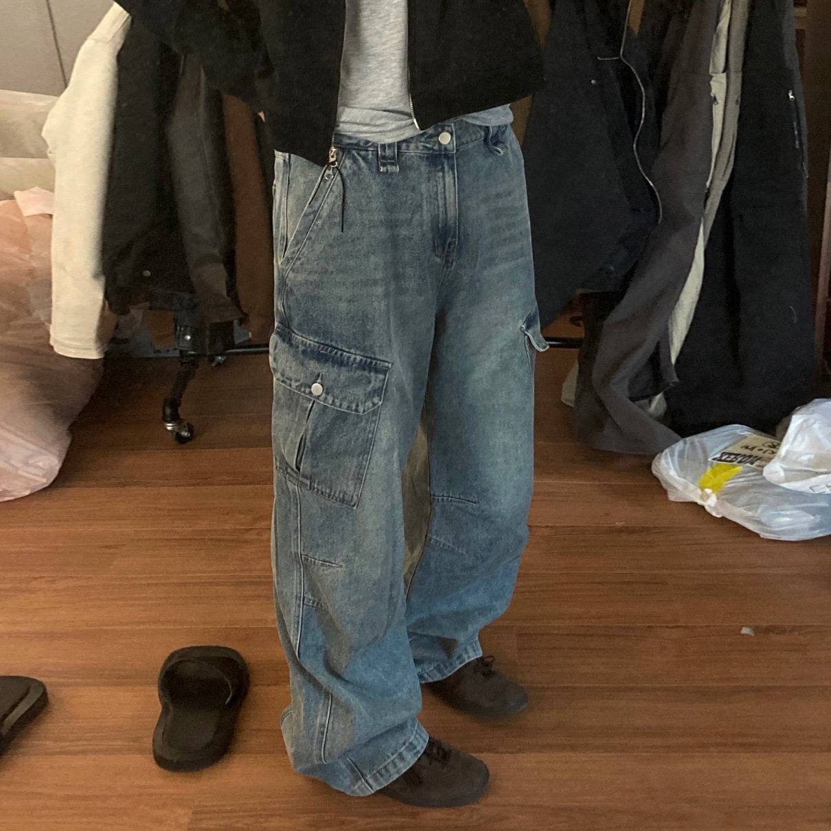 MYQ Men's Retro Washed Workwear Jeans Cleanfit Straight Leg Wide Leg Pants Mid Waist Cotton Autumn Commuter Jeans_viptrois.com