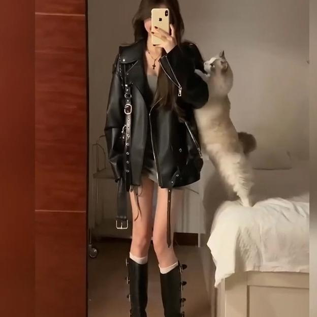 2025美式酷飒风黑色皮衣外套女秋季宽松感炸街机车服pu皮夹克上衣