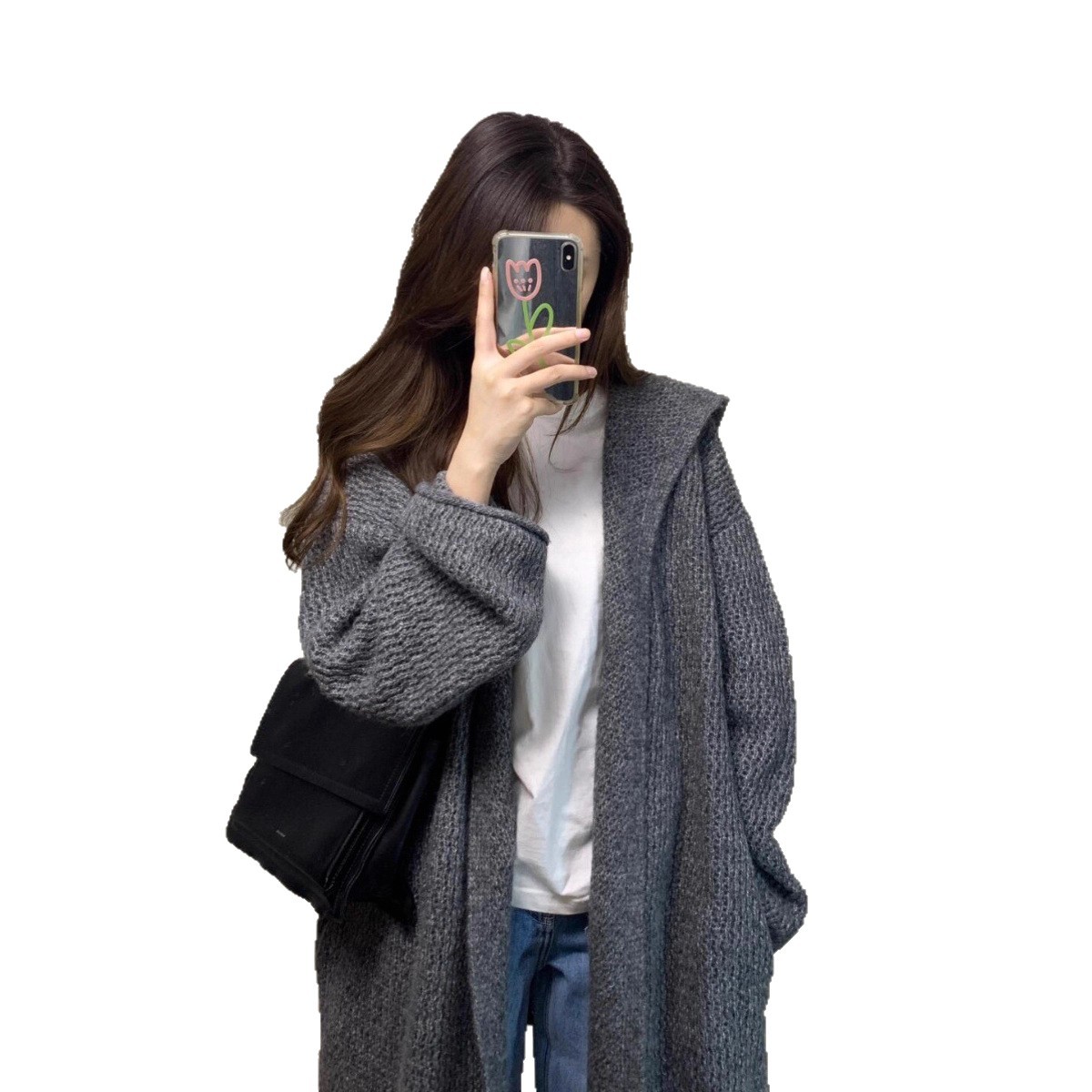 灰色中长款连帽毛衣外套女早秋季韩系气质宽松慵懒松弛感针织开衫