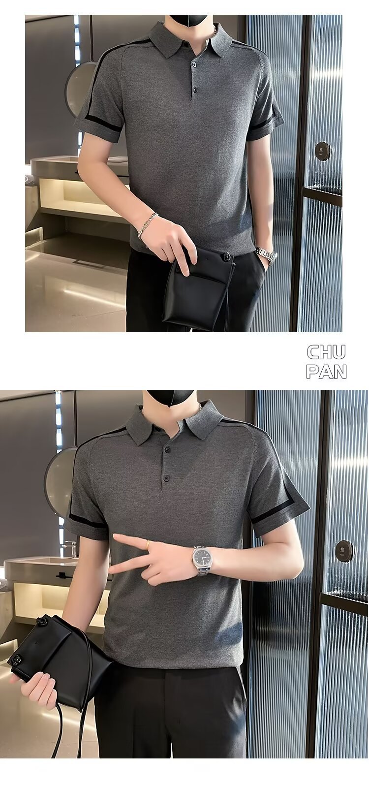 Herr polo randig kort ärm slim fit stickad sommartröja_voghion.com