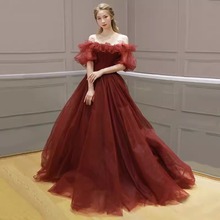 红色宴会晚礼服敬酒肩蓬蓬超仙纱裙新娘服酒性感梦幻名媛一字气质