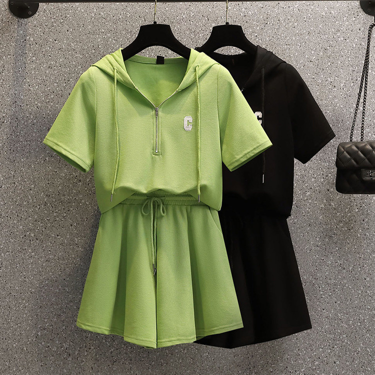 1.00 kg-150.00 kg Large Size Short-sleeved T-shirt Women's Summer Chubby Girls Loose Slimming Hooded Top Wide-leg Shorts Trendy Casual Suit
