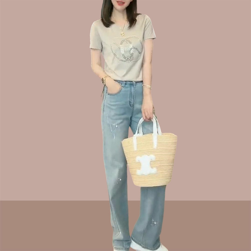 刺繍ホットダイヤモンド豚鼻半袖 Tシャツレディース 2025 夏新作右肩ラウンドネック万能 Tシャツトップ|undefined