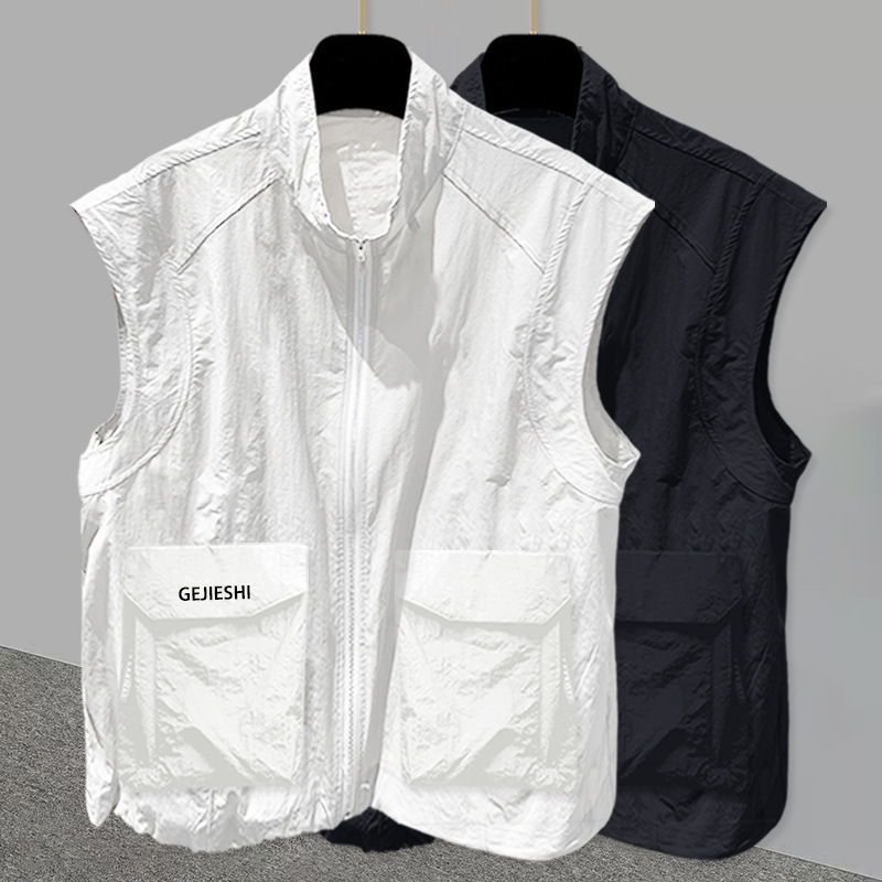 Half-high Collar Zipper Sleeveless T-Shirt Men's Summer Fashionable Brand Handsome Tooling Stereo Pocket Embroidered Student Waistcoat Vest