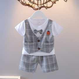 男童夏季短袖套装2024新款韩版洋气小童英伦帅气小西服休闲两件套