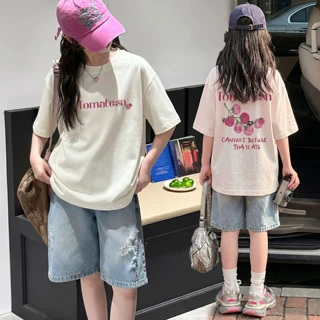 女童短袖套装夏季2026新款儿童韩系T恤女大童夏装牛仔短裤两件套