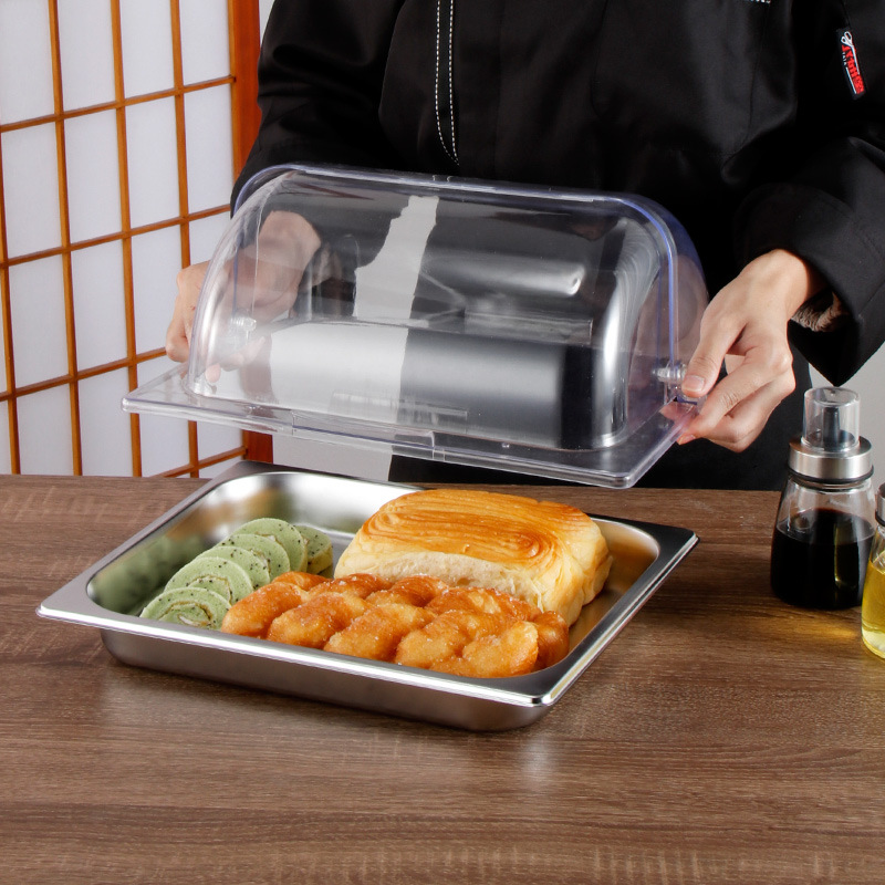 A prueba de polvo cubierta de la cesta de pan rectangular buffet Placa de exhibición de acero inoxidable pastel de frutas bandeja de postre con tapa