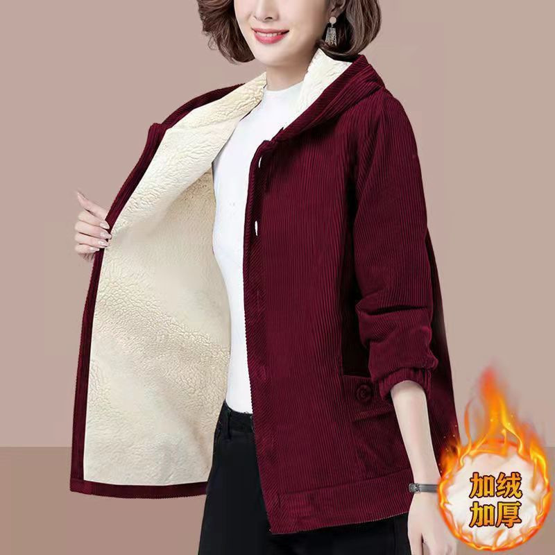 秋冬新款灯芯绒女士外套加绒加厚北极绒休闲宽松显瘦中老年妈妈装