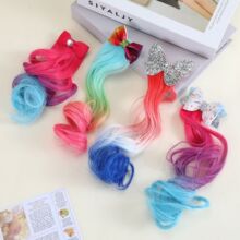 跨境儿童渐变假发蝴蝶结发夹头饰编发彩色发饰女童长头发装饰发卡