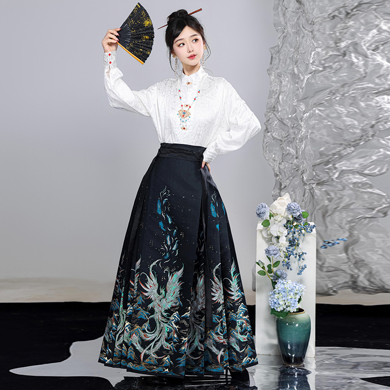 Cao Xian Han Dynasty Original Ming Dynasty Han Dynasty Half Turtleneck Shirt Top Imitation Makeup Flower Horse Face Skirt Suit 2023 New Style