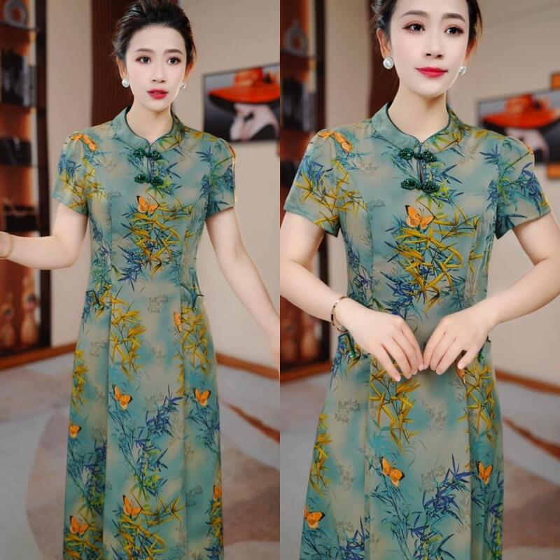 Fashionable Mother's Dress in Ice Silk Stretch Satin, Mid-Length Short-Sleeve Dress, New Summer Improved Version of Cheongsam Gown Fashionable Mother's Dress in Ice Silk Stretch Satin, Mid-Length Short-Sleeve Dress, New Summer Improved Version of Cheongsam Gown