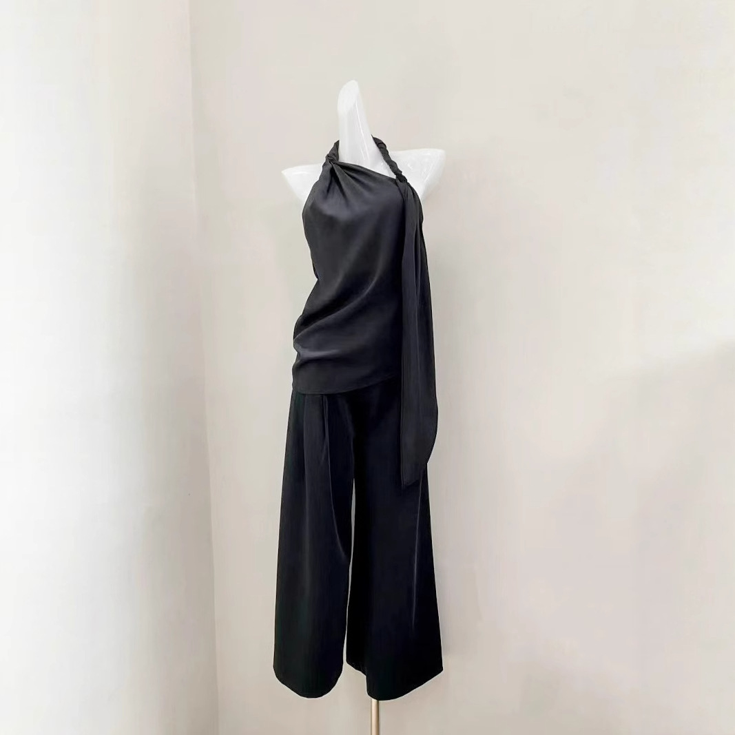 Minimalist and Luxurious Style 25Ss Twisted Rope Slant Collar Halterneck Backless Asymmetrical Waist Suspender High Waist Wide Leg Pants Long Suit