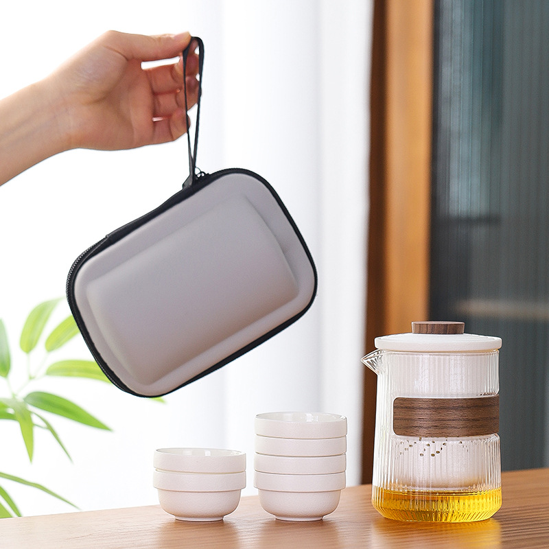 줄무늬 냄비와 컵 6개 - 일반 흰색