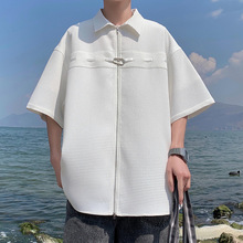 华夫格白色衬衫设计感高级男夏季小众短袖衬衣潮牌潮流青少年外套