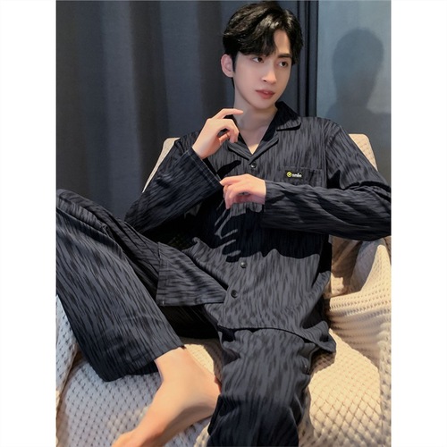 Pajama set for men - Spring and Summer pure cotton thin version Korean style casual plus size air-conditioned room long-sleeved long pants home wear can be worn outside