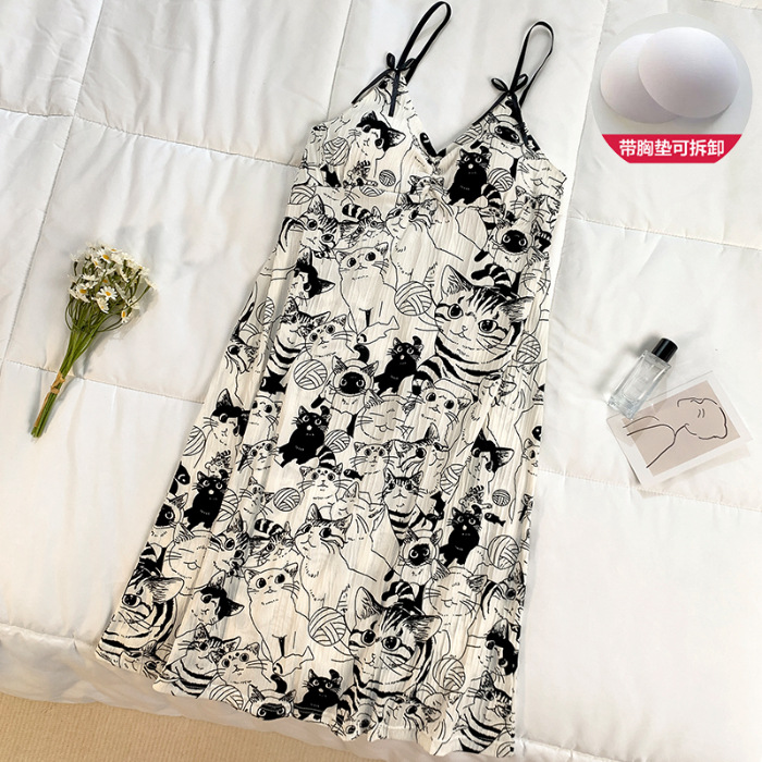 Verano nuevo estilo dulce amor camisón falda media femenina con almohadilla en el pecho lindo algodón imitación pliegue tirantes hogar camisón delgado