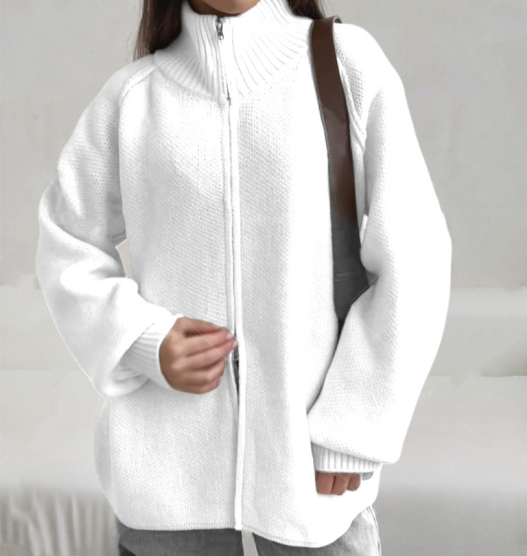 外贸跨境毛衣外套女2025秋冬新款欧美纯色立领拉链针织开衫上衣潮|undefined