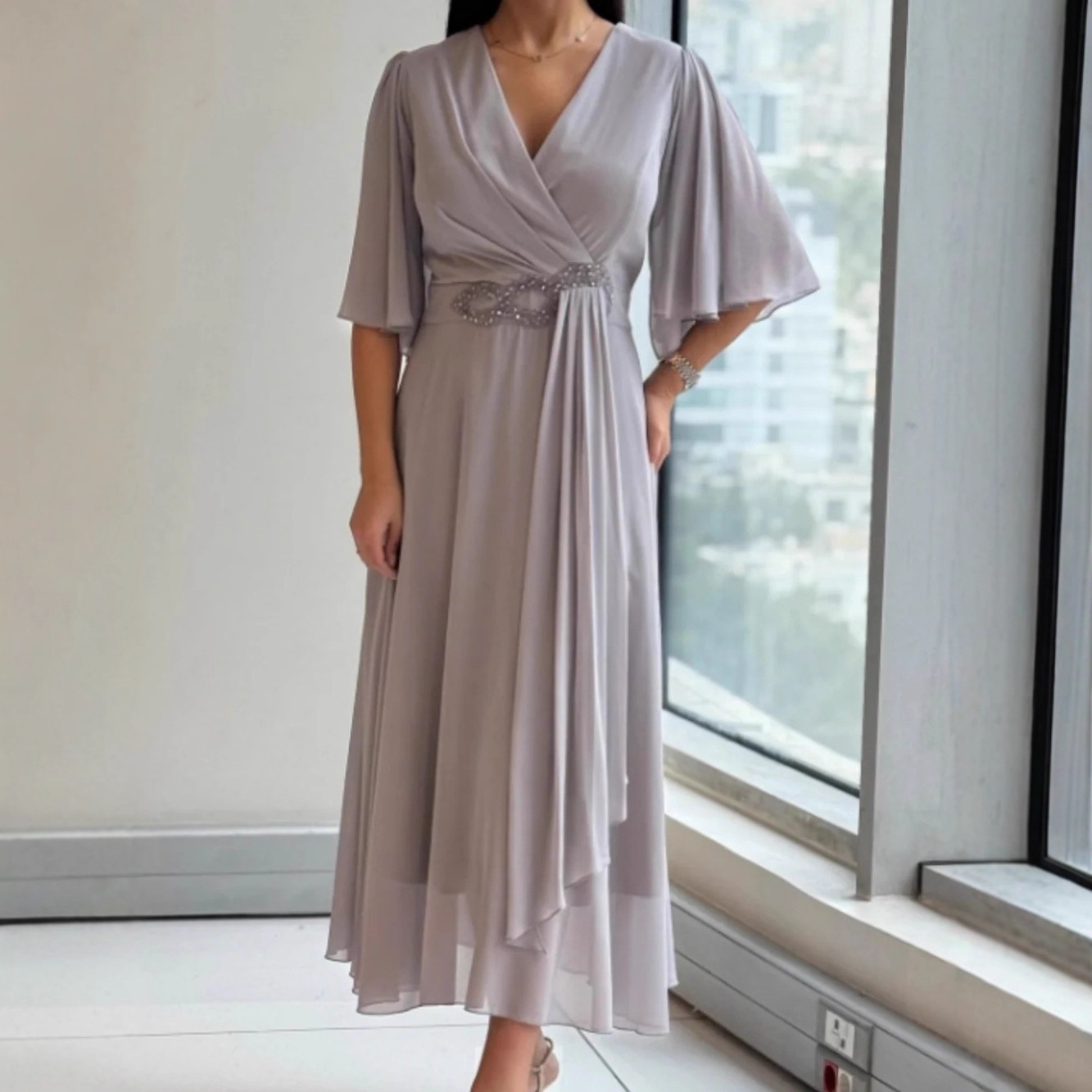 2025 European and American Fashion Amazon New European and American V-Neck Pleated Dress Cross-Border Fashion Pure Color Long Skirt Gentle