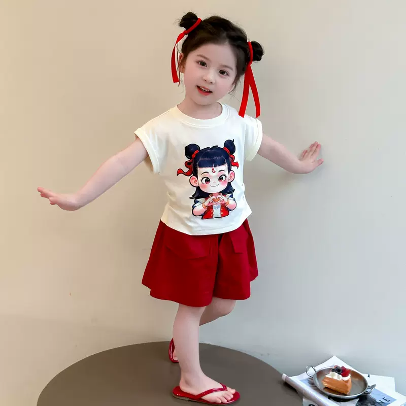 女童夏装短袖套装2025新款儿童短袖阔腿裤两件套宝宝夏季哪吒服装