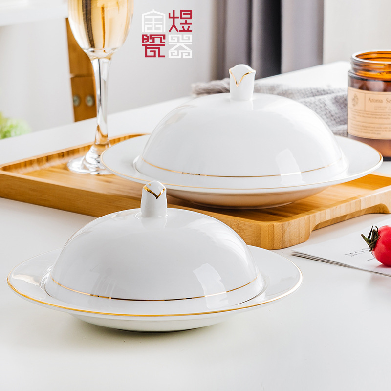 Hotel de cerámica desayuno plato occidental con tapa Placa de pasta de pepino de mar abulón plato de arroz hebilla plato de arroz de estilo japonés