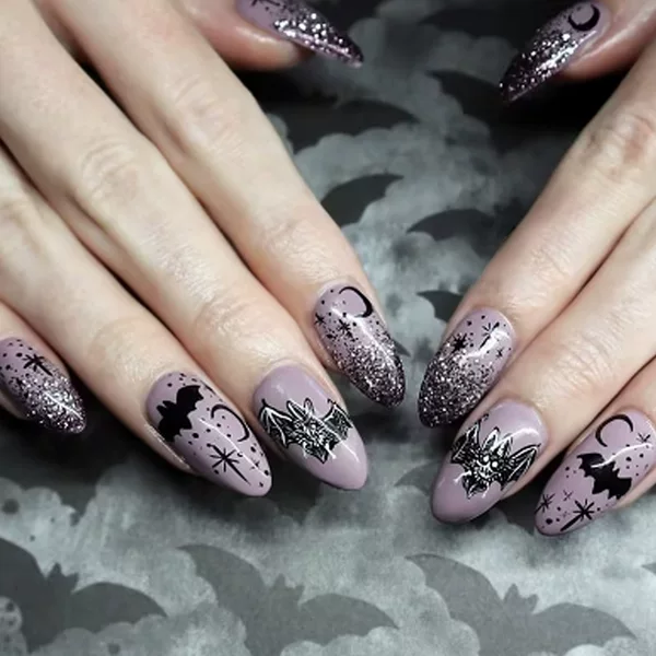 Almond-Shaped Halloween Wearable Star and Moon Bat Gradient Glitter Manicure Holiday Fake Nails Cross-Border Nail Art