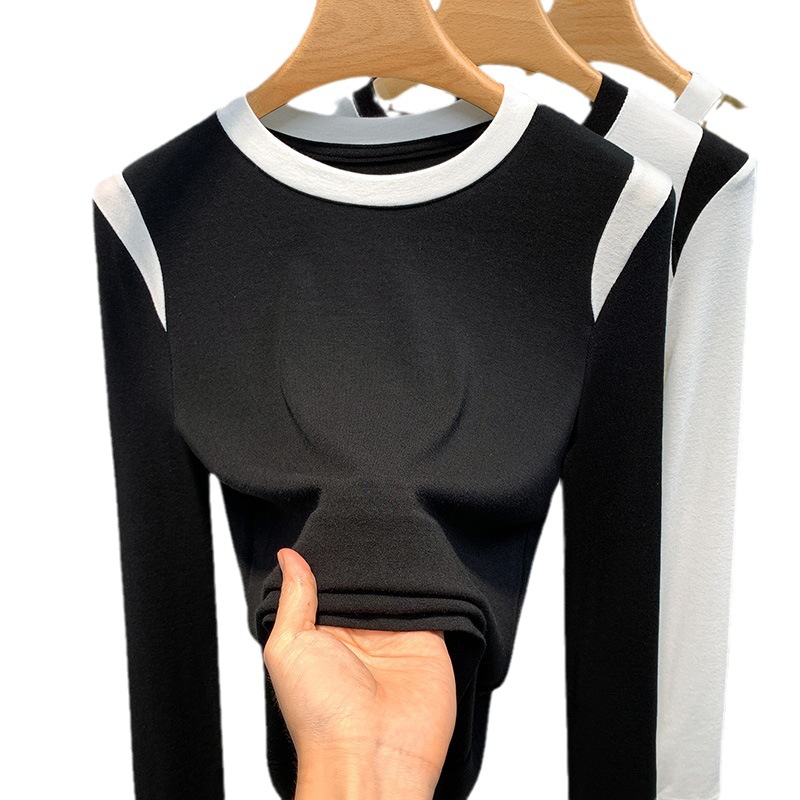 Camisa de fondo de hilo de mujer 2023 nueva ropa de mujer europea contraste color cuello redondo manga larga Camiseta cintura-apretado interior estilo occidental superior
