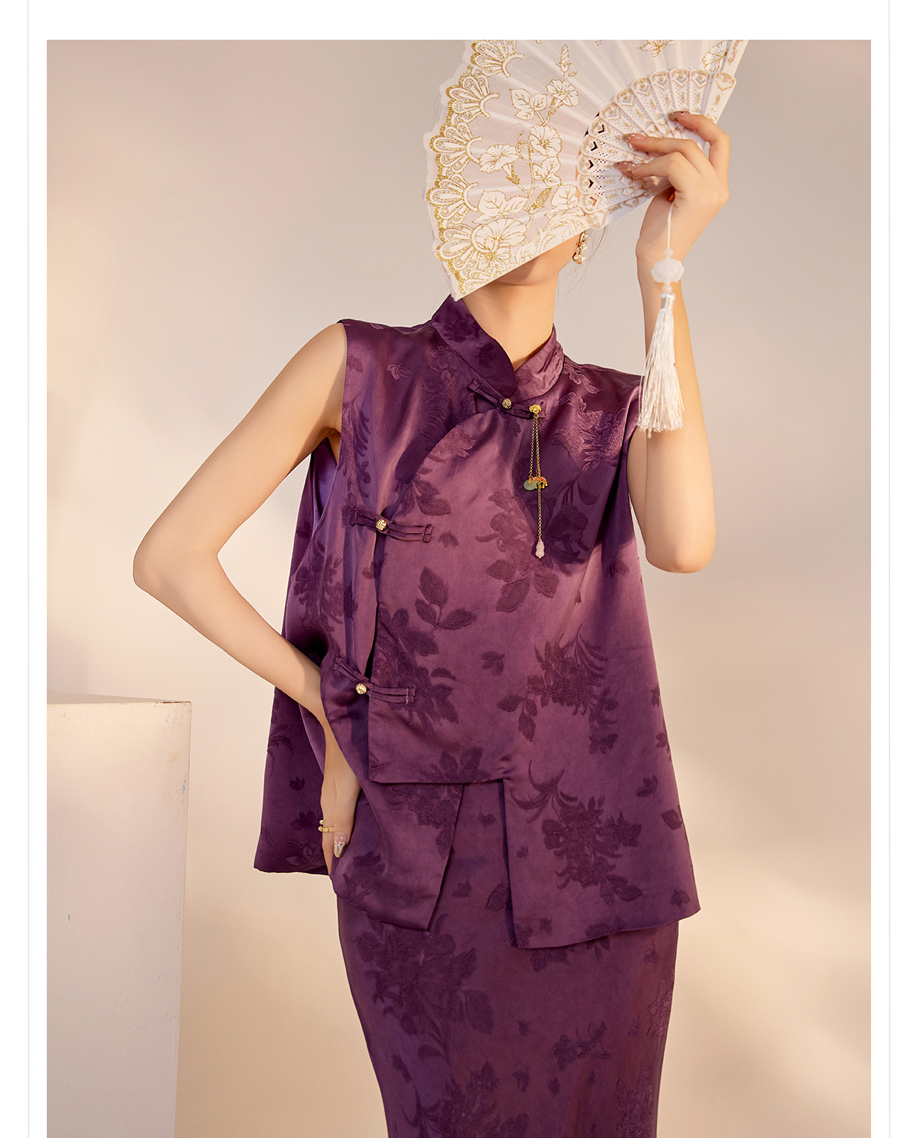 Bộ áo vest và váy in họa tiết tím phong cách Tân Trung Quốc đầu thu nữ M7085 — Váy nửa, Áo gilê chi tiết 7
